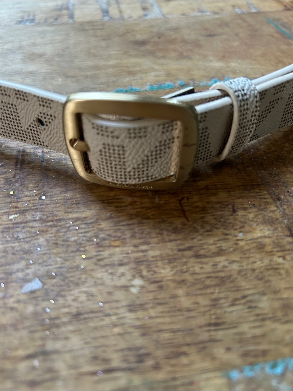 Michael Kors Beige Monogram Leather Belt with Gold Buckle